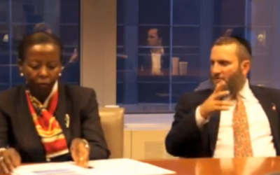 Rwanda's Foreign Minister Louise Mushikiwabo at a press conference in Eaglewood, New Jersey on Friday alongside Rabbi Shmuley Boteach (photo credit: YouTube screenshot)