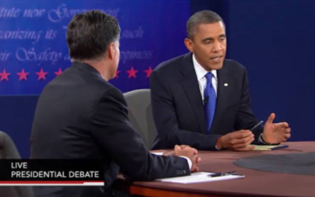Mitt Romney and Barack Obama face off in Monday night's debate (photo credit: PBS screenshot)
