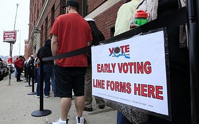 Illustrative: Voters stand in line outside the Hamilton County Board of Elections for early voting, in Cincinnati, Ohio, October 22, 2012. (AP/Al Behrman)