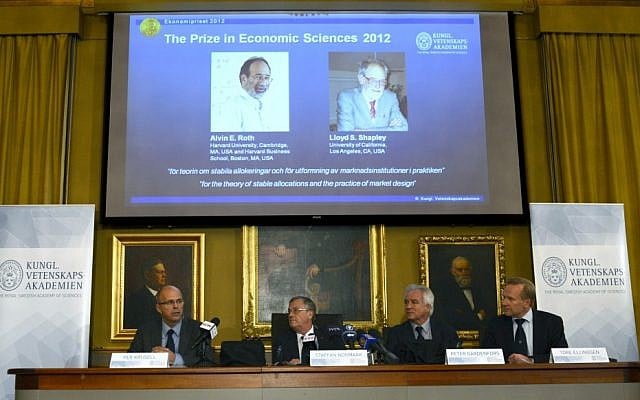 The Swedish Royal Academy of Sciences presents the winners of the Nobel Memorial Prize in Economic Sciences, in Stockholm on Monday. (photo credit: AP/Scanpix Sweden, Henrik Montgomery) The Swedish Royal Academy of Sciences presents the winners of the Nobel Memorial Prize in Economic Sciences, in Stockholm on Monday. (photo credit: AP/Scanpix Sweden, Henrik Montgomery)