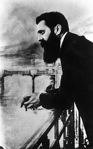 Famous picture of Theodor Herzl on the balcony of the Hotel Les Trois Rois in Basel, Switzerland (photo credit: CC-PD-Mark, by Wikigamad, Wikimedia Commons)