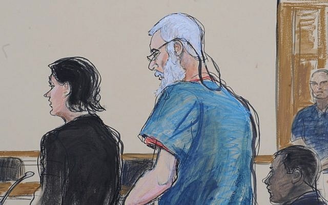 In this courtroom drawing, defense attorneys Sabrina Shroff and Jerrod Thompson Hicks represent accused terrorist Abu Hamza al- Masri, center, before Magistrate Judge Franklin Maas in Manhattan federal court in New York in 2012. (photo credit: AP/Elizabeth Williams)