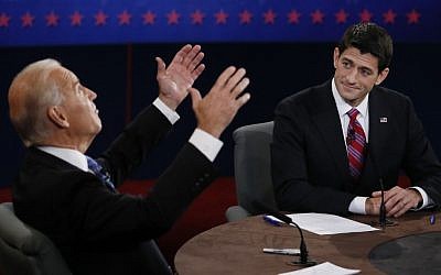 Vice President Joe Biden, left, faces off against vice presidential nominee Paul Ryan in Danville, Kentucky on Thursday (photo credit: AP/Rick Wilking)