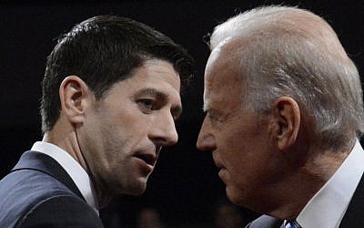 US Vice President Joe Biden, right, and Republican vice-presidential nominee, Rep. Paul Ryan, after the vice-presidential debate in Danville, Kentucky, on Thursday (photo credit: AP/Michael Reynolds)