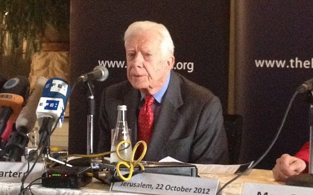 Former US President Jimmy Carter speaks to reporters in Jerusalem in October. (Photo credit: Raphael Ahren/The Times of Israel) Former US President Jimmy Carter speaks to reporters in Jerusalem in October. (Photo credit: Raphael Ahren/The Times of Israel)