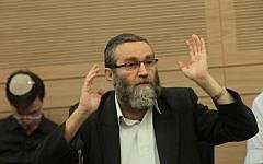 MK Moshe Gafni telling a Knesset committee in October 2012 there is no chance of drafting the ultra-Orthodox community by force. (Miriam Alster/Flash90)