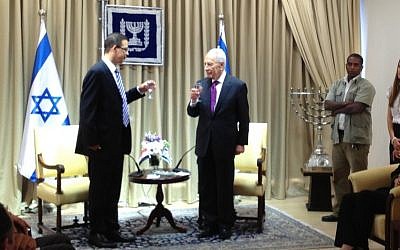 New Egyptian Ambassador Salem, left, with then-president Shimon Peres in his Jerusalem residence in October 2012 (photo credit: Raphael Ahren/Times of Israel)