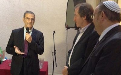 Serge Haroche, left, speaks in Tel Aviv as Minister Daniel Hershkowitz, right, and French ambassador Christophe Bigot look on, October 28, 2012 (photo credit: Raphael Ahren/Times of Israel) Serge Haroche, left, speaks in Tel Aviv as Minister Daniel Hershkowitz, right, and French ambassador Christophe Bigot look on, October 28, 2012 (photo credit: Raphael Ahren/Times of Israel)
