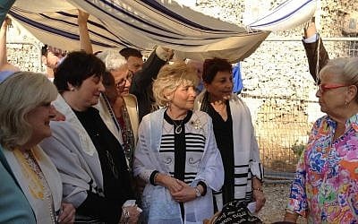 The five bat mitzvah 'brides' and Goldstein on the right (photo credit: Jessica Steinberg/Times of Israel)