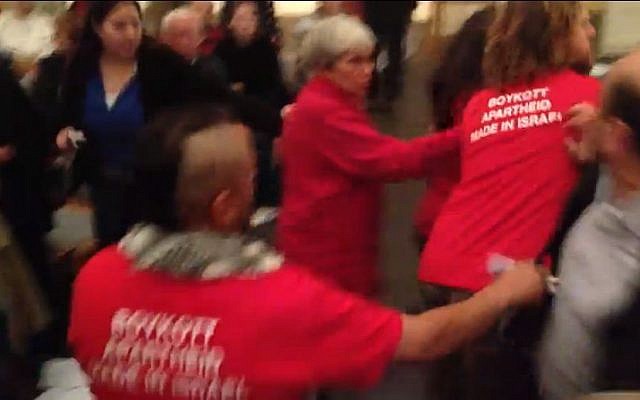 Protesters disrupt a JNF fundraiser in Berlin on October 4, 2012 (photo credit: Youtube screen capture) Protesters disrupt a JNF fundraiser in Berlin on October 4, 2012 (photo credit: Youtube screen capture)