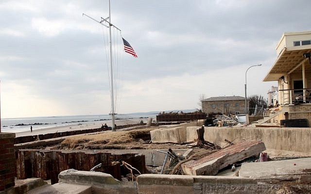 The shores lining the heavily Jewish Seagate community in Brooklyn remained littered with ruins more than three weeks after Hurricane Sandy. (Chavie Lieber/JTA)