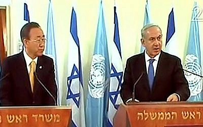 Prime Minister Benjamin Netanyahu and UN Secretary General Ban Ki-moon address the press in Jerusalem, Tuesday (photo credit: Channel 2 screen capture) Prime Minister Benjamin Netanyahu and UN Secretary General Ban Ki-moon address the press in Jerusalem, Tuesday (photo credit: Channel 2 screen capture)