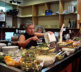 Sima and Pnina Birnbaum serving up salads (photo credit: Nataly Safir) Sima and Pnina Birnbaum serving up salads (photo credit: Nataly Safir)