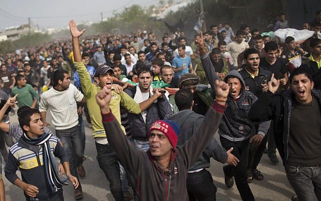 Gazans rallying during a funeral on Saturday. (photo credit: AP/Bernat Armangue)