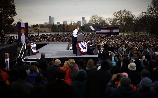 President Barack Obama speaks at a campaign event at City Park in Denver in October (photo credit: AP/Pablo Martinez Monsivais)