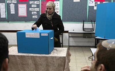 An Arab Israeli woman casts her vote at a polling station in the Arab village of Abu Ghosh, west of Jerusalem, on February 10, 2009. (photo credit: Nati Shohat/Flash90)