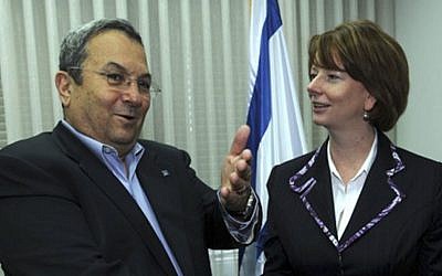 Julia Gillard, then Australia's deputy prime minister, meets Defense Minister Ehud Barak in Jerusalem, June 2009 (photo credit: Assaf Ravitz/Ministry of Defense/Flash90)