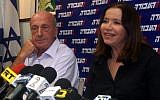 Uri Sagi with Labor leader Shelly Yachimovich during a press conference in 2012. (photo credit: Roni Schutzer/Flash90)