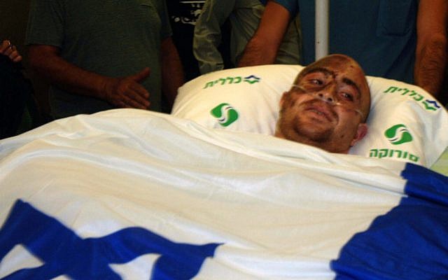 Captain Ziv Shilon who was seriously injured on the Gaza border two weeks ago seen at Soroka hospital in Beersheba, southern Israel, Oct. 25, 2012 (photo credit: Dudu Greenspan/Flash90)