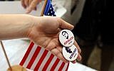 Election swag on display at a debate hosted at Tel Aviv University about the two candidates running for the presidency of the United States (photo credit: Yossi Zeliger/Flash90)