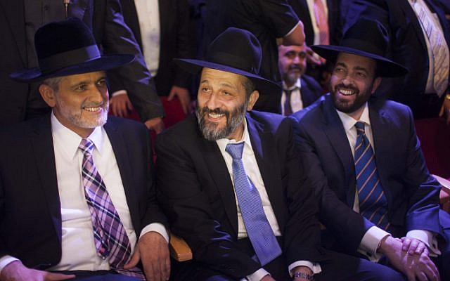 Shas political leaders (left to right) Eli Yishai, Aryeh Deri and Ariel Atias, November 2012 (photo credit: Yonatan Sindel/Flash90)