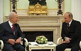 Israel President Shimon Peres meets with his Russian counterpart Vladimir Putin in the Kremlin on Thursday (photo credit: Mark Neyman/GPO/Flash90)