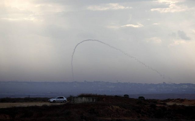 A trail of smoke is seen as a rocket is launched from the Gaza Strip toward the southern Israeli city of Sderot, last year (photo credit: Edi Israel/Flash90/File) A trail of smoke is seen as a rocket is launched from the Gaza Strip toward the southern Israeli city of Sderot, last year (photo credit: Edi Israel/Flash90/File)