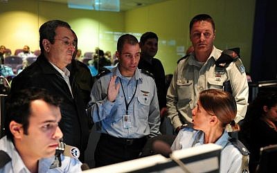 Defense Minister Ehud Barak supervises a Patriot missile exercise at the Palmachim Air Force base, November 12, 2012 (photo credit: Defense Ministry/Flash90)