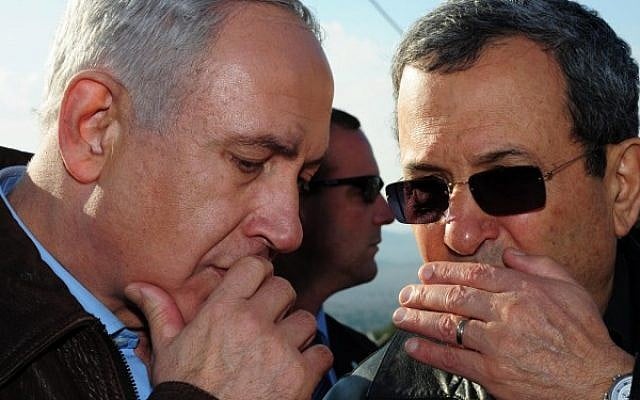 Prime Minister Benjamin Netanyahu and then-defense minister Ehud Barak on November 14, 2012, the first day of Operation Pillar of Defense in Gaza. (Kobi Gideon/GPO/Flash90) Prime Minister Benjamin Netanyahu and then-defense minister Ehud Barak on November 14, 2012, the first day of Operation Pillar of Defense in Gaza. (Kobi Gideon/GPO/Flash90)
