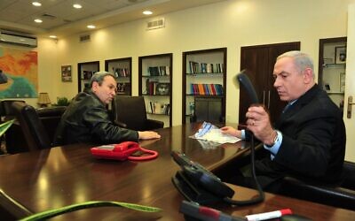 Benjamin Netanyahu, right, and Ehud Barak at the Defense Ministry in 2012 (photo credit: Ariel Hermoni/Defense Ministry/Flash90)
