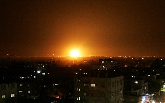 An explosion is seen following an Israeli airstrike in Rafah, in the southern Gaza Strip in 2012 (photo credit: Abed Rahim Khatib/Flash90)