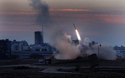 The Iron Dome defense system fires to intercept incoming rockets from Gaza. (photo credit: Tsafrir Abayov/Flash90)