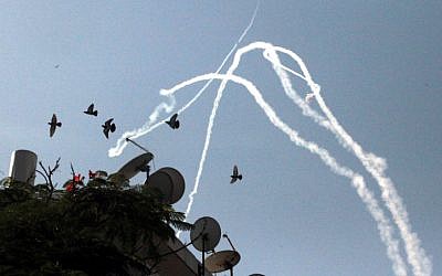 The trails of Iron Dome missiles seen over the southern Israeli city of Ashkelon on November 18 (photo credit: Yossi Zamir/Flash90)