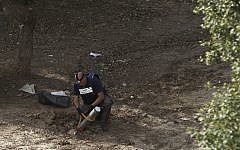 Israeli police remove the remains of a rocket, fired by Palestinian terrorists from the Gaza Strip, that landed near buildings in the coastal city of Ashkelon, Nov, 2012. (photo credit: Tsafrir Abayov/Flash90)