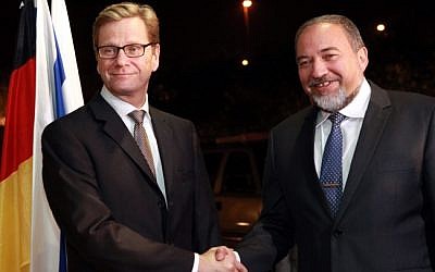 Foreign Minister Avigdor Lieberman (right) with his German counterpart Guido Westerwelle in Jerusalem, Monday (photo credit: Yossi Zamir/Flash90)