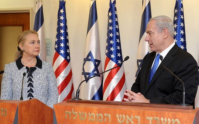 US Secretary of State Hillary Clinton addresses the press with Prime Minister Benjamin Netanyahu in Jerusalem, November 20, 2012 (Avi Ohayon/ GPO/Flash90) US Secretary of State Hillary Clinton addresses the press with Prime Minister Benjamin Netanyahu in Jerusalem, November 20, 2012 (Avi Ohayon/ GPO/Flash90)