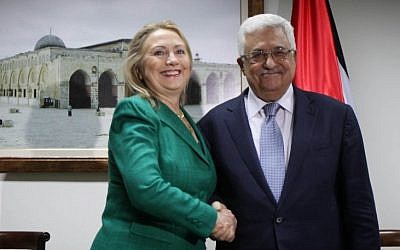 Palestinian President Mahmoud Abbas meeting with US Secretary of State Hillary Clinton last week in Ramallah (photo credit: Issam Rimawi/Flash90).