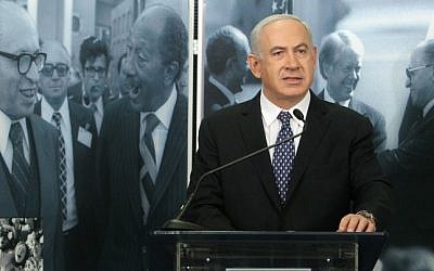 Prime Minister Benjamin Netanyahu speaks during a visit to an exhibition marking 35 years since Egyptian president Anwar Sadat's visit to Israel, at the Menachem Begin Heritage Center in Jerusalem, on Thursday, November 29, 2012 (photo credit: Miriam Alster/Flash90)