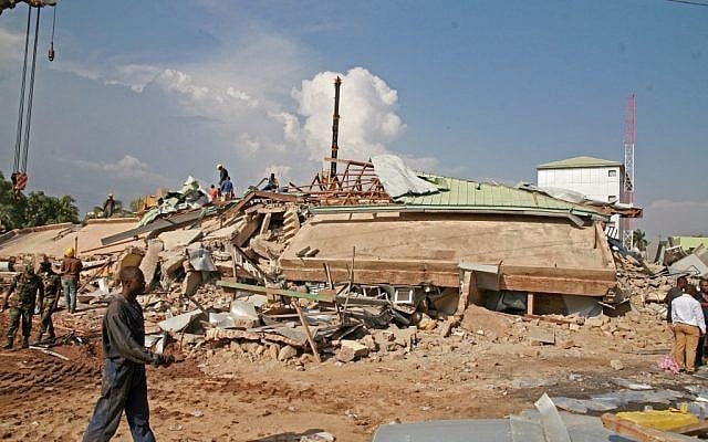 The rubble of the collapsed building in Ghana on Wednesday. (photo credit: AP/ Christian Thompson)