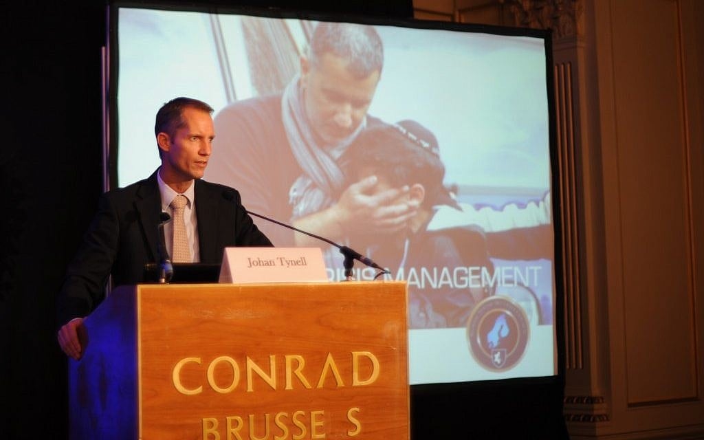 Johan Tynnel, the director of security for Denmark’s Jewish community, addresses a European Jewish Congress crisis management seminar in Brussels. (Cnaan Liphshiz/JTA) Johan Tynnel, the director of security for Denmark’s Jewish community, addresses a European Jewish Congress crisis management seminar in Brussels. (Cnaan Liphshiz/JTA)