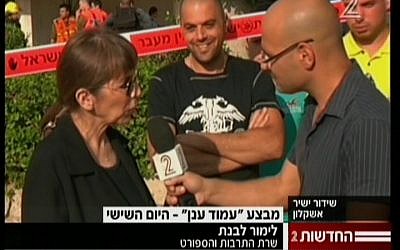Culture and Sports Minister Limor Livnat is interviewed during a visit to Ashkelon (screen capture: Channel 2)