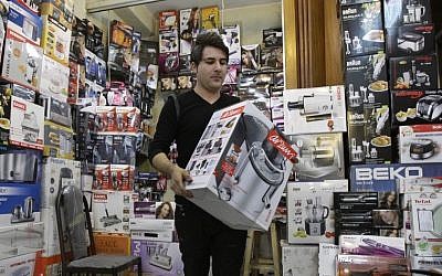 Illustrative photo of a home appliance store in Tehran, Iran, in November 2012. (photo credit: AP Photo/Vahid Salemi)
