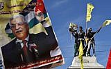 Palestinians wave Fatah flags behind a poster of Palestinian President Mahmoud Abbas during a rally in Gaza City, Thursday, Nov. 29 (photo credit: AP/Adel Hana)