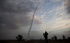 Illustrative: An Iron Dome rocket intercepting a missile fired from Gaza near Tel Aviv. (AP/Oded Balilty
