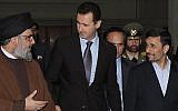 In this Thursday Feb. 25, 2010 file photo, Hezbollah leader sheik Hassan Nasrallah, left, speaks with Syrian President Bashar Assad, and Iran's then-president Mahmoud Ahmadinejad upon their arrival for a dinner in Damascus, Syria. (photo credit: AP/SANA)