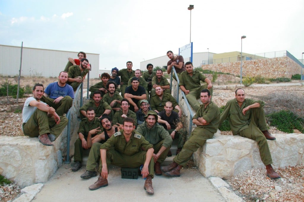 The platoon, with the commander in the center, seated on the coffee kit, an indispensable piece of gear in any IDF field unit (Photo credit: Alon)