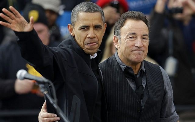 File. President Barack Obama, accompanied by singer Bruce Springsteen, waves as he arrives at a campaign event near the State Capitol Building in Madison, Wis., Monday, Nov. 5, 2012. (AP Photo/Pablo Martinez Monsivais) File. President Barack Obama, accompanied by singer Bruce Springsteen, waves as he arrives at a campaign event near the State Capitol Building in Madison, Wis., Monday, Nov. 5, 2012. (AP Photo/Pablo Martinez Monsivais)