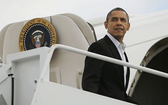 US President Barack Obama boards Air Force One at Andrews Air Force Base in Maryland last month (photo credit: AP/Pablo Martinez Monsivais)