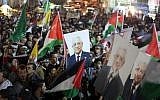 Palestinians celebrating in the West Bank city of Ramallah after the UN General Assembly voted to recognize Palestine as a non-member observer state, November 2012. (photo credit: Issam Rimawi/Flash90)