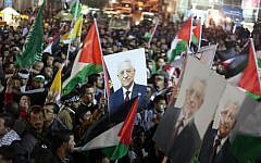 Palestinians celebrating in the West Bank city of Ramallah after the UN General Assembly voted to recognize Palestine as a non-member observer state, November 2012. (photo credit: Issam Rimawi/Flash90)